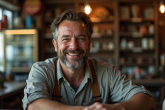 Homme souriant dans une boutique de prêt sur fond de collections