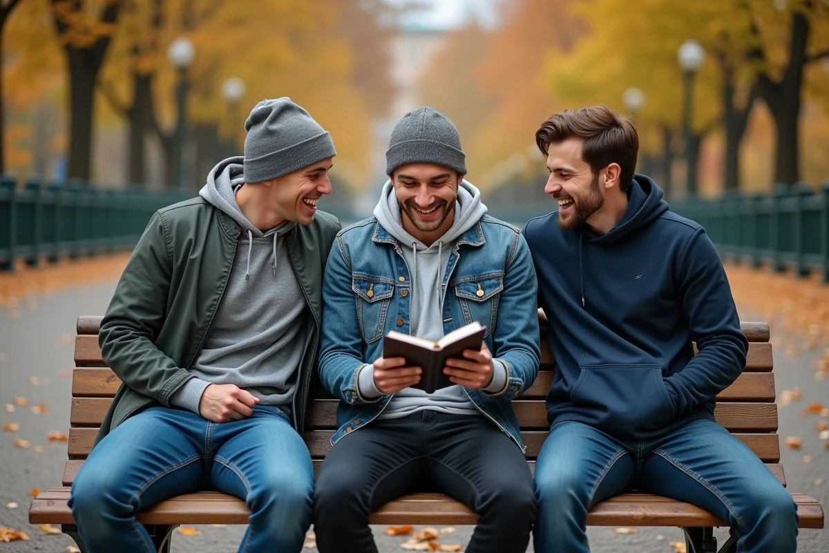 Trois hommes assis sur un banc de parc en train de rire de jeux de mots lus dans un carnet, ambiance détendue en extérieur