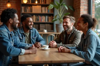 Groupe d'amis de différentes ethnies riant ensemble autour d'une table de café, illustrant l'humour inclusif et respectueux entre personnes de cultures diverses
