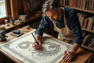 Illustrateur dessinant un dragon viking avec des références à la mythologie nordique dans un atelier de création artistique
