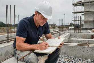 Ingénieur de chantier convertissant des m3 en litres dans un carnet de notes sur un chantier en béton