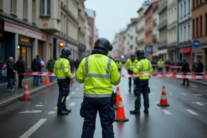 Intervenants d'urgence en vestes jaunes autour d'un périmètre de sécurité sur une intersection urbaine de Toulouse