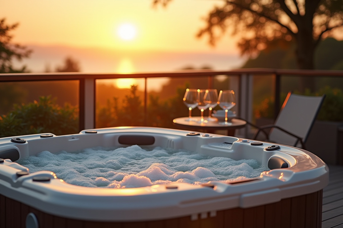 Jacuzzi privé sur terrasse en Normandie au coucher du soleil
