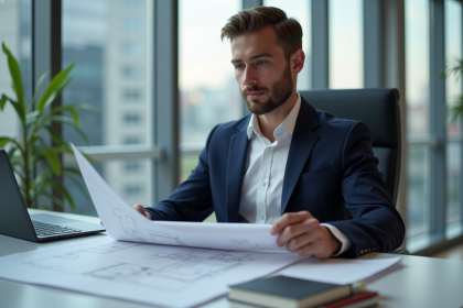 Jeune homme en blazer bleu examine des plans architecturaux