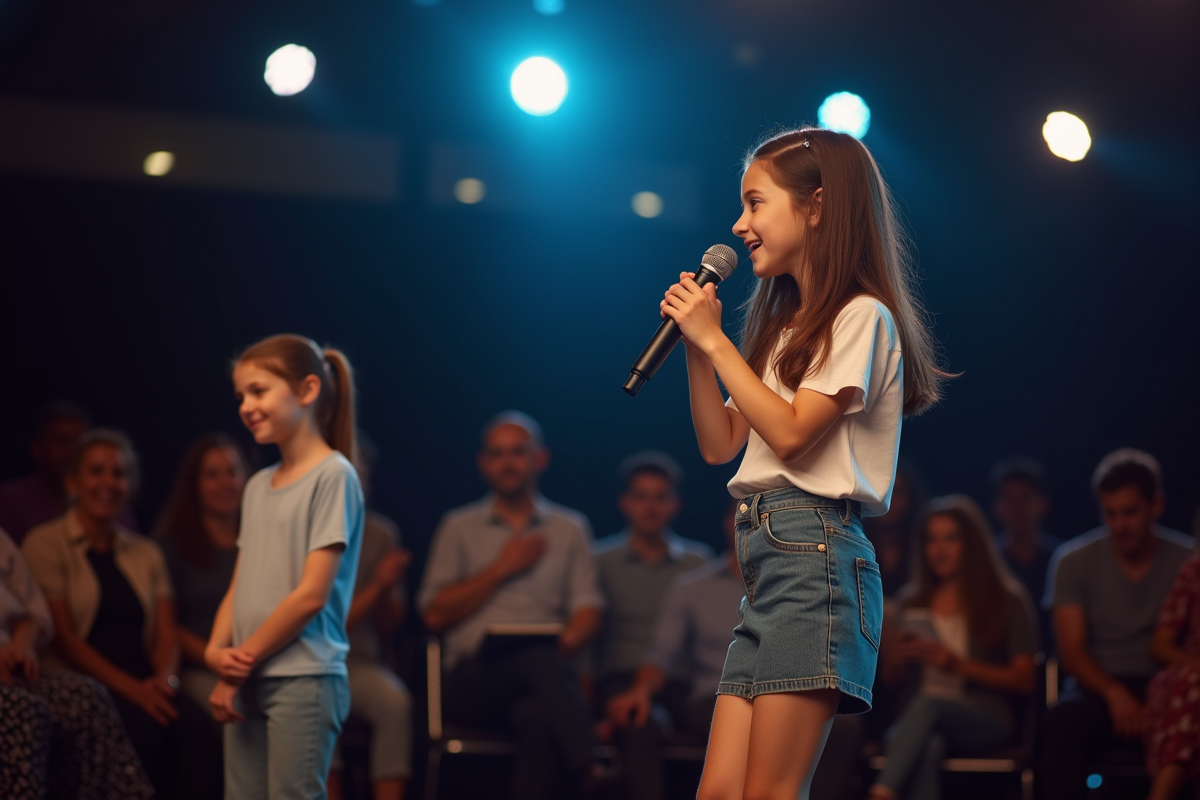 Jeune chanteuse en répétition sur scène avec famille dans le public
