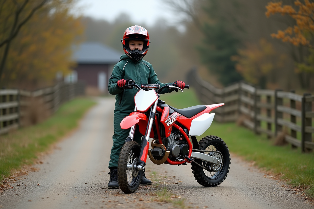 Adolescent en équipement motocross avec moto en campagne