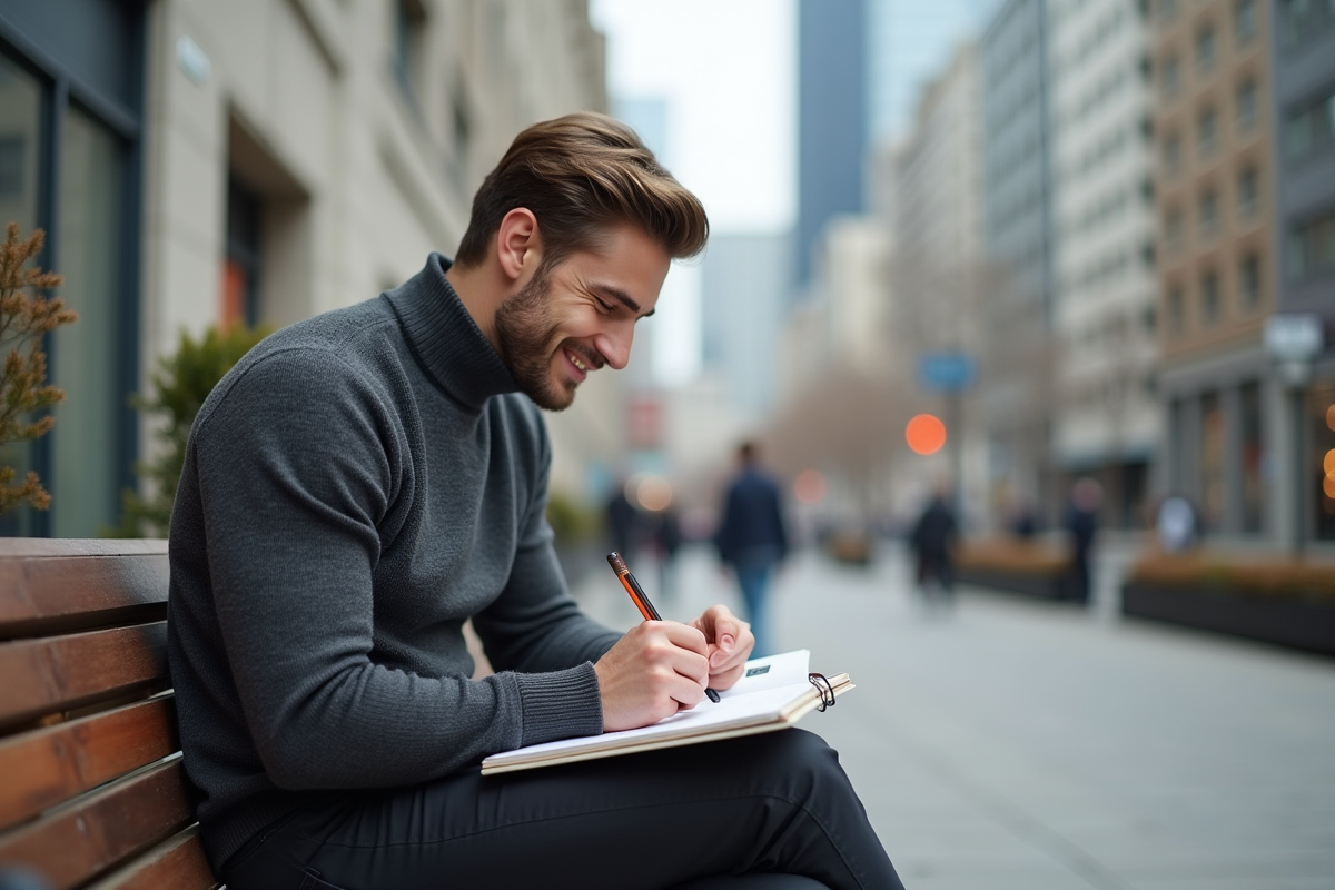 Jeune designer esquissant en extérieur avec ville moderne