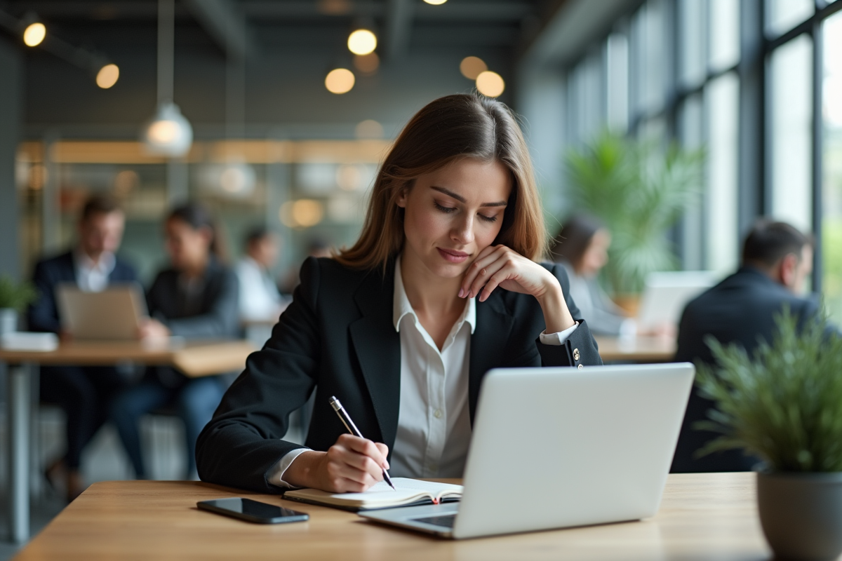 Jeune femme professionnelle au bureau en train de prendre des notes