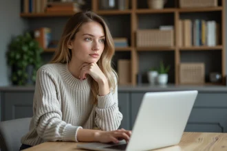 Jeune femme en sweater dans une cuisine moderne