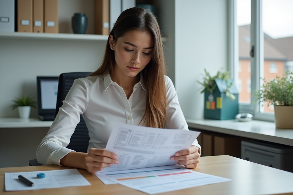 Jeune femme examinant des documents dans un bureau municipal