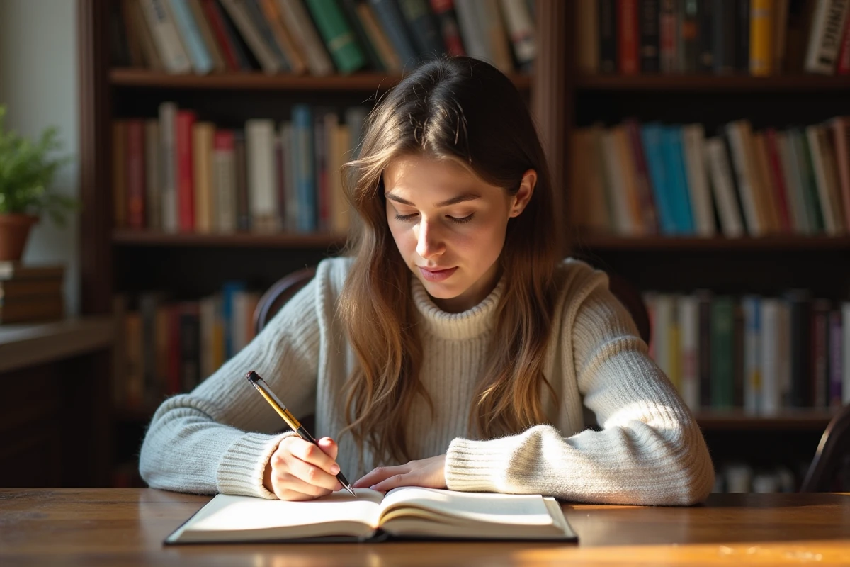 Jeune femme écrivant en français dans un bureau lumineux
