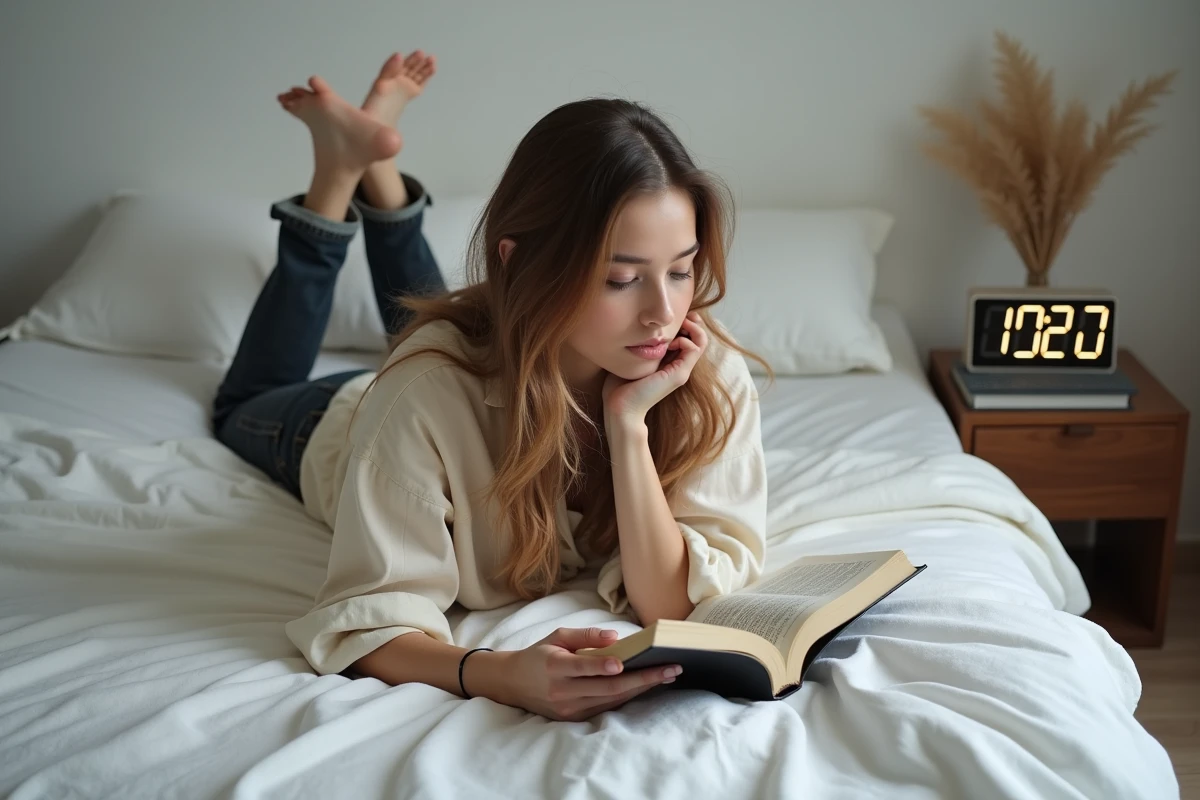 Jeune femme allongée sur son lit écrivant dans un journal intime avec une horloge affichant 20h20, moment de doute et d'introspection amoureuse