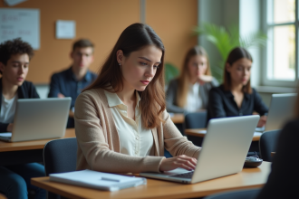 Jeune femme concentrée sur son ordinateur dans une salle de classe ESCP
