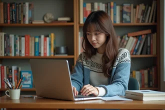 Jeune femme lisant manga digital dans un appartement cosy