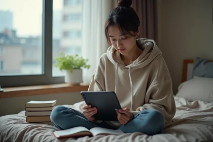 Jeune femme lisant manga sur tablette dans sa chambre