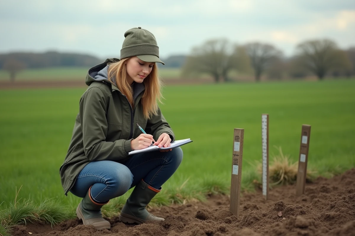 Jeune femme en extérieur mesure un terrain avec un ruban