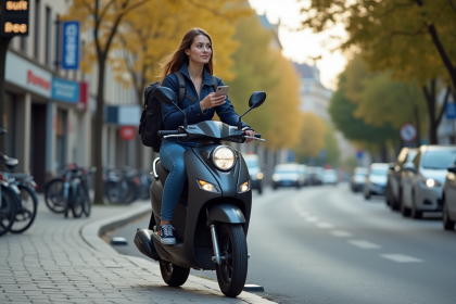 Jeune femme en moto dans une ville européenne dynamique