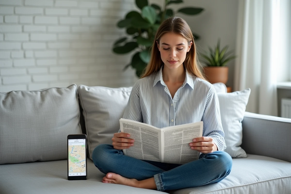 Jeune femme résolvant des mots croisés sur un canapé avec une recherche de villes du Nevada sur smartphone