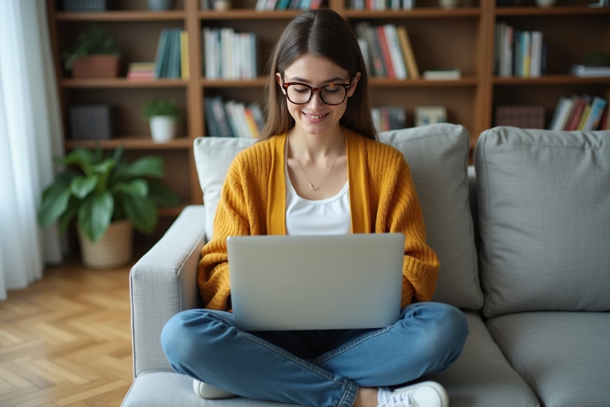 Jeune femme avec lunettes recherchant des articles sur un magazine en ligne depuis son salon confortable