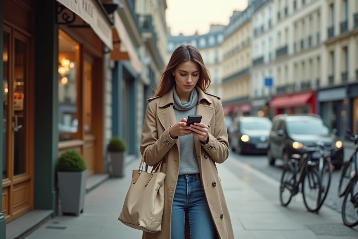 Jeune femme dans une rue parisienne consultant calmement un numéro de téléphone inconnu sur son smartphone
