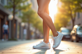 Jeune femme en sneakers blanches dans la rue ensoleillée