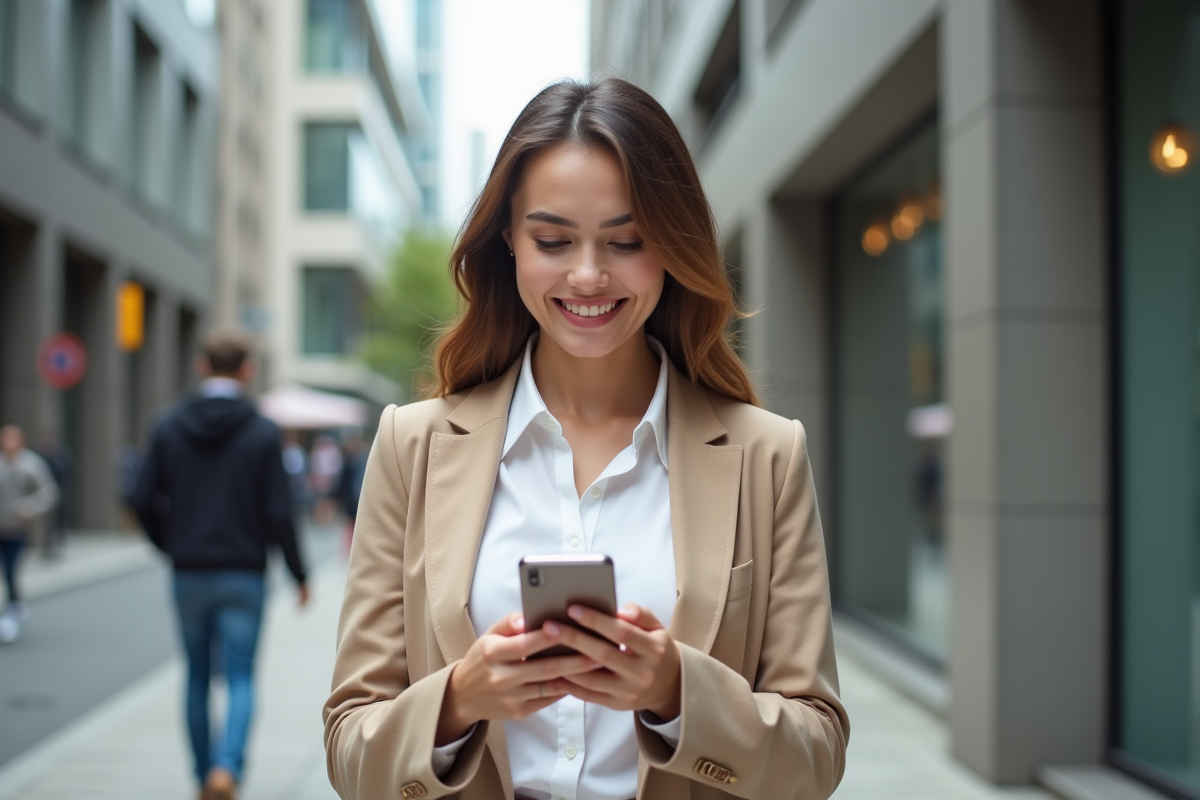 Jeune femme élégante en blazer beige dans la ville