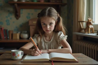 Jeune fille pensant écrire dans un journal dans une chambre vintage