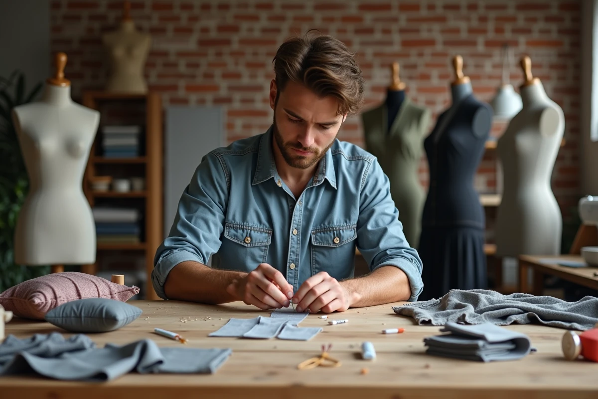 Jeune homme cousant à une table de couture créative