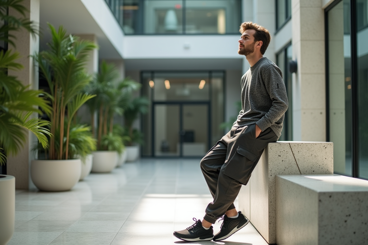 Jeune homme en cargo et sneakers dans un atrium lumineux