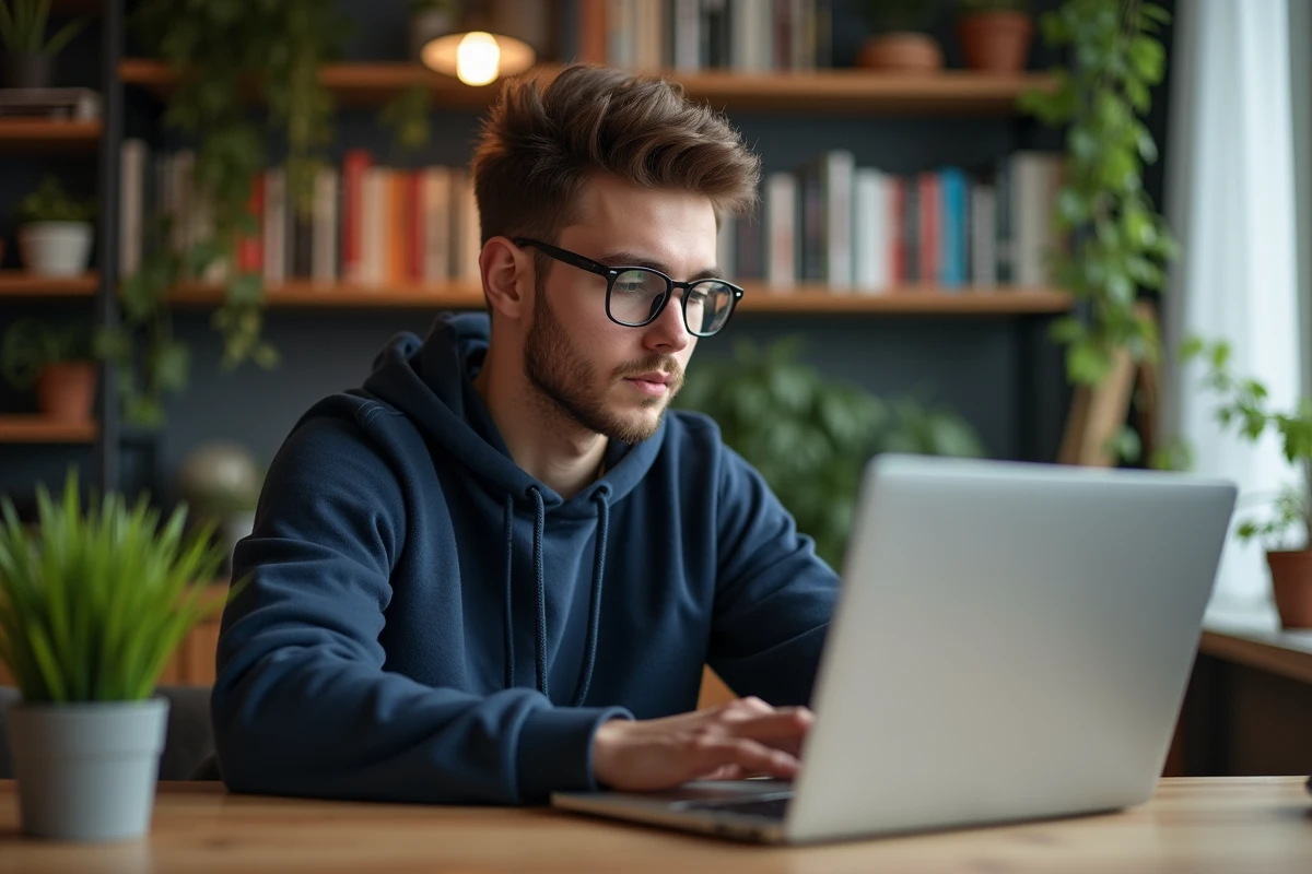 Jeune homme en hoodie regardant son ordinateur portable à la maison