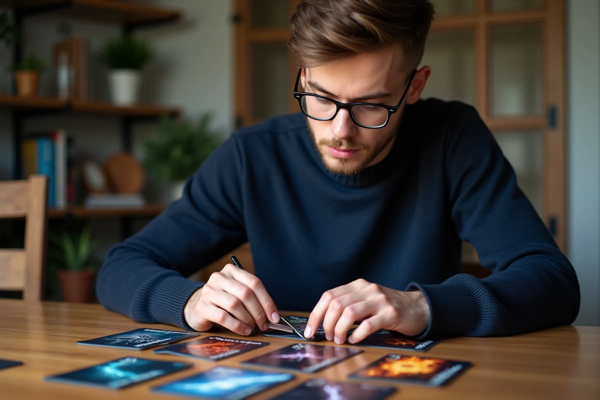 Jeune homme en pull bleu et lunettes étudie des cartes à jouer