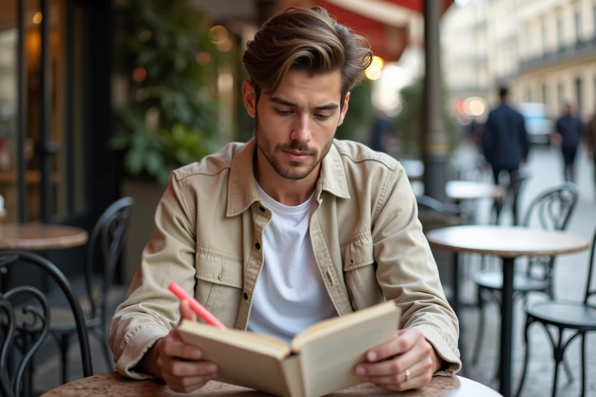 Jeune homme lisant un guide de grammaire française en terrasse de café parisien avec un surligneur à la main