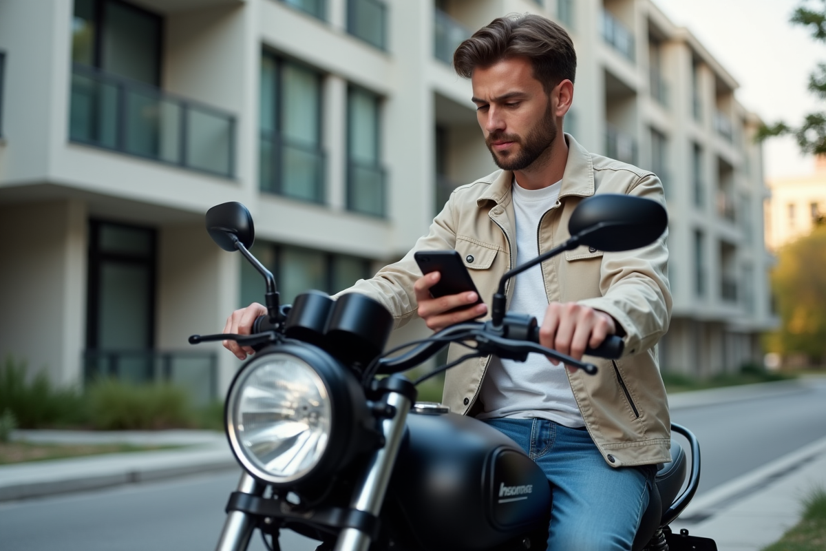 Jeune homme sur moto vérifiant documents d'assurance