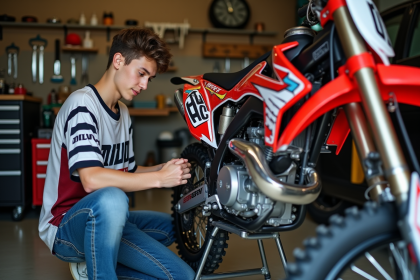 Jeune homme nettoyant un moteur de motocross 125 cc dans un garage