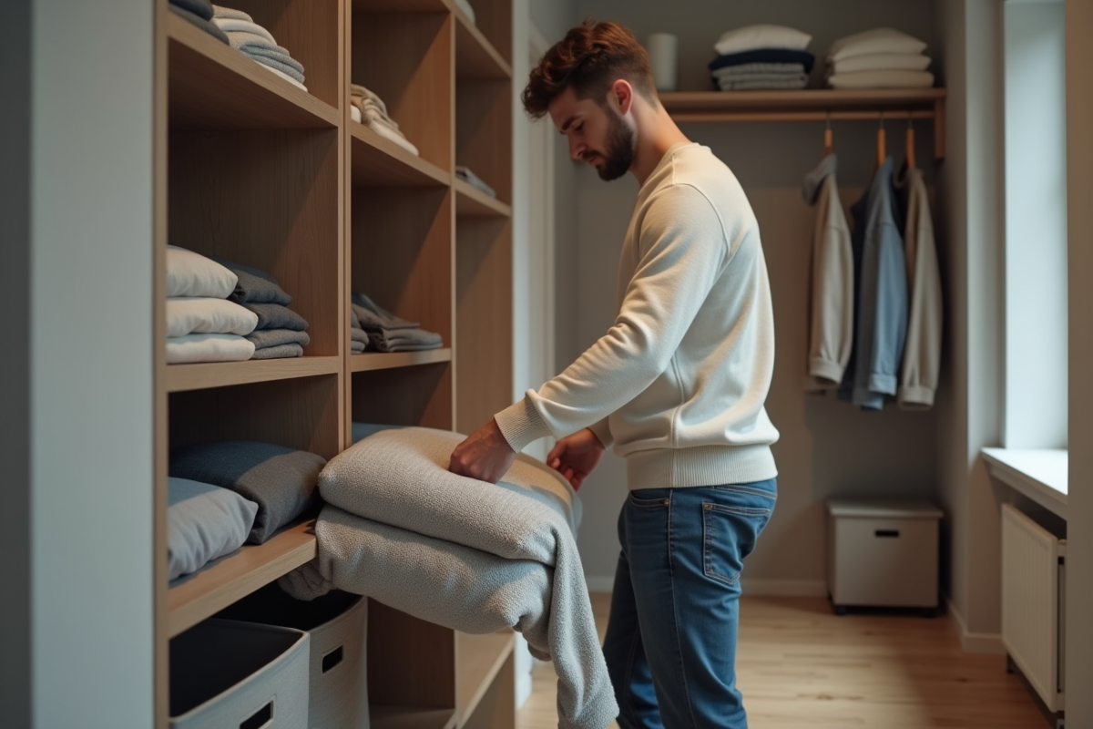 Jeune homme rangeant un pull dans un placard moderne