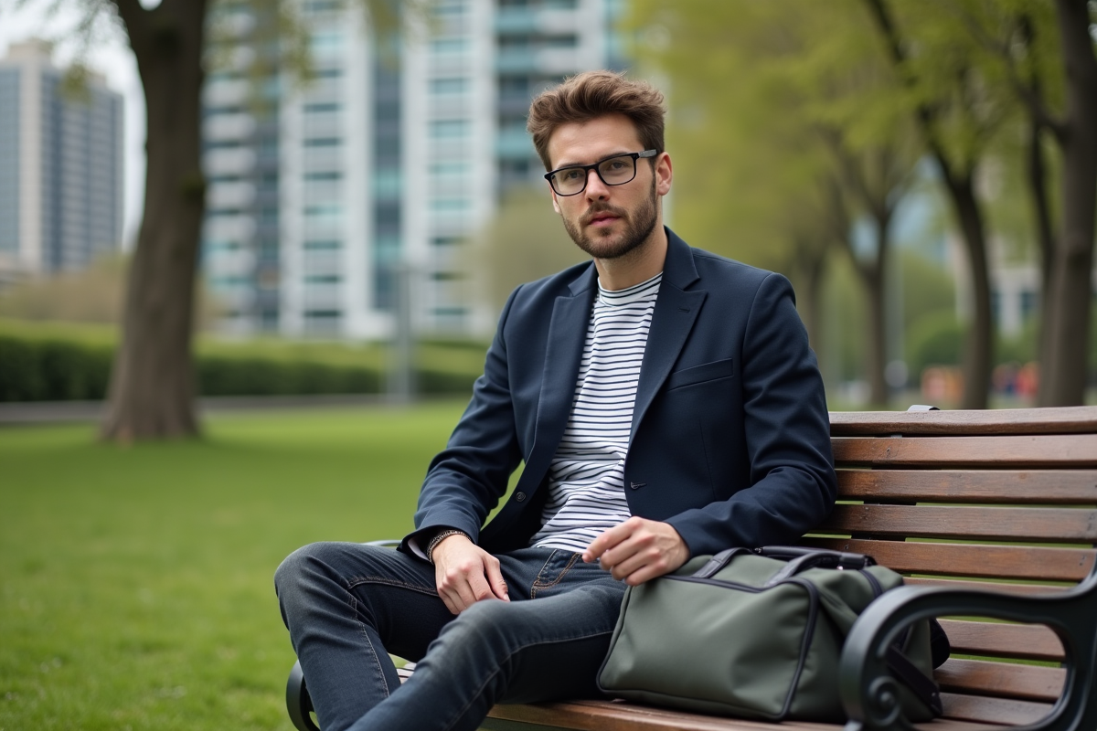 Jeune homme préparant sa valise dans un parc urbain