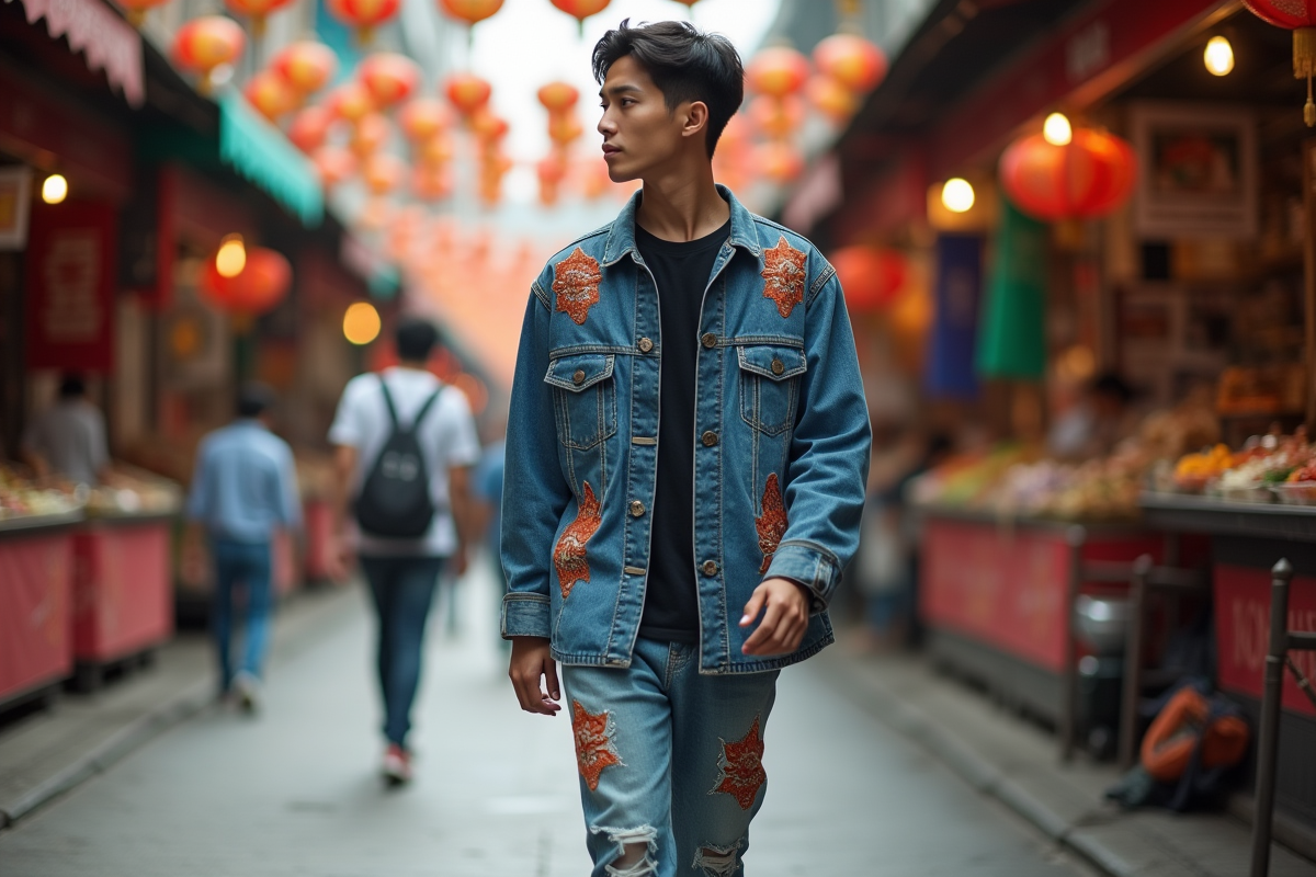 Jeune homme asiatique en streetwear dans un marché animé