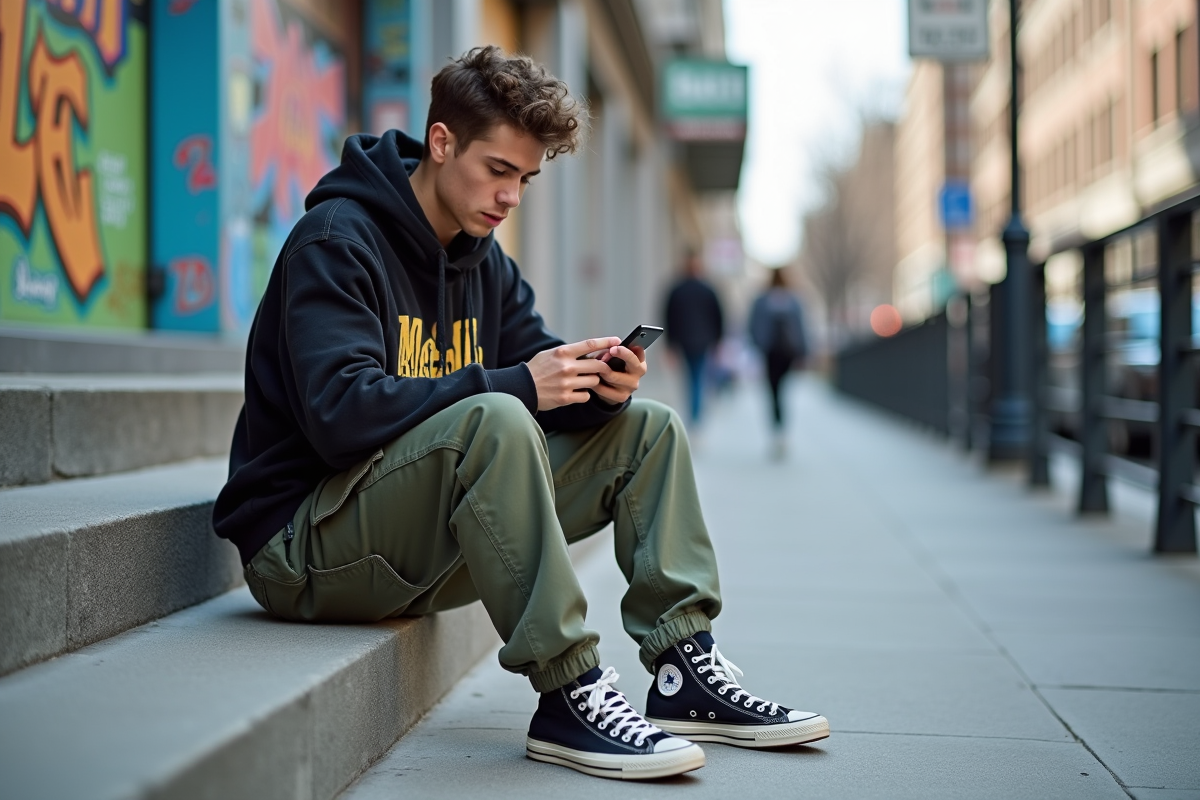 Jeune homme en style urbain assis sur des marches de ville