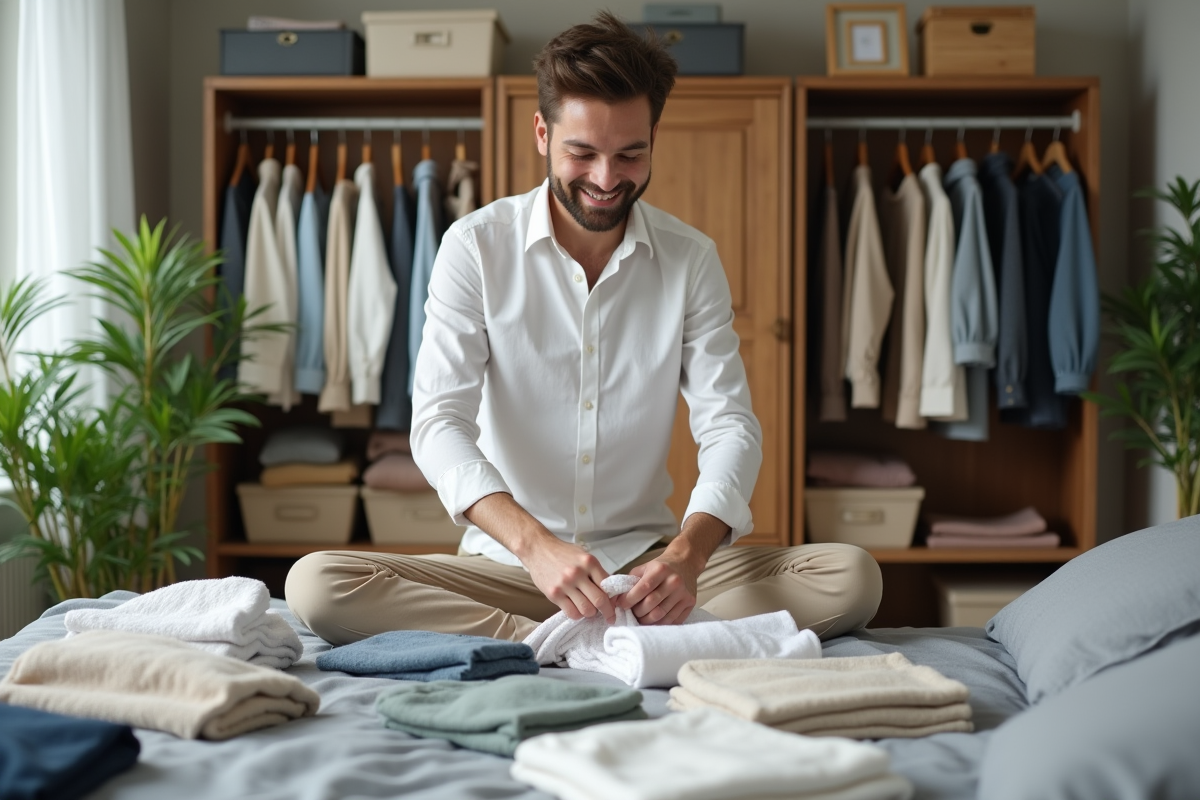 Jeune homme pliant ses vêtements dans un appartement lumineux