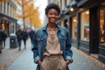 Jeune nonbinaire souriant en ville avec bijoux géométriques