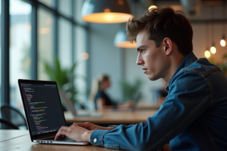 Jeune professionnel travaillant sur un ordinateur avec code R