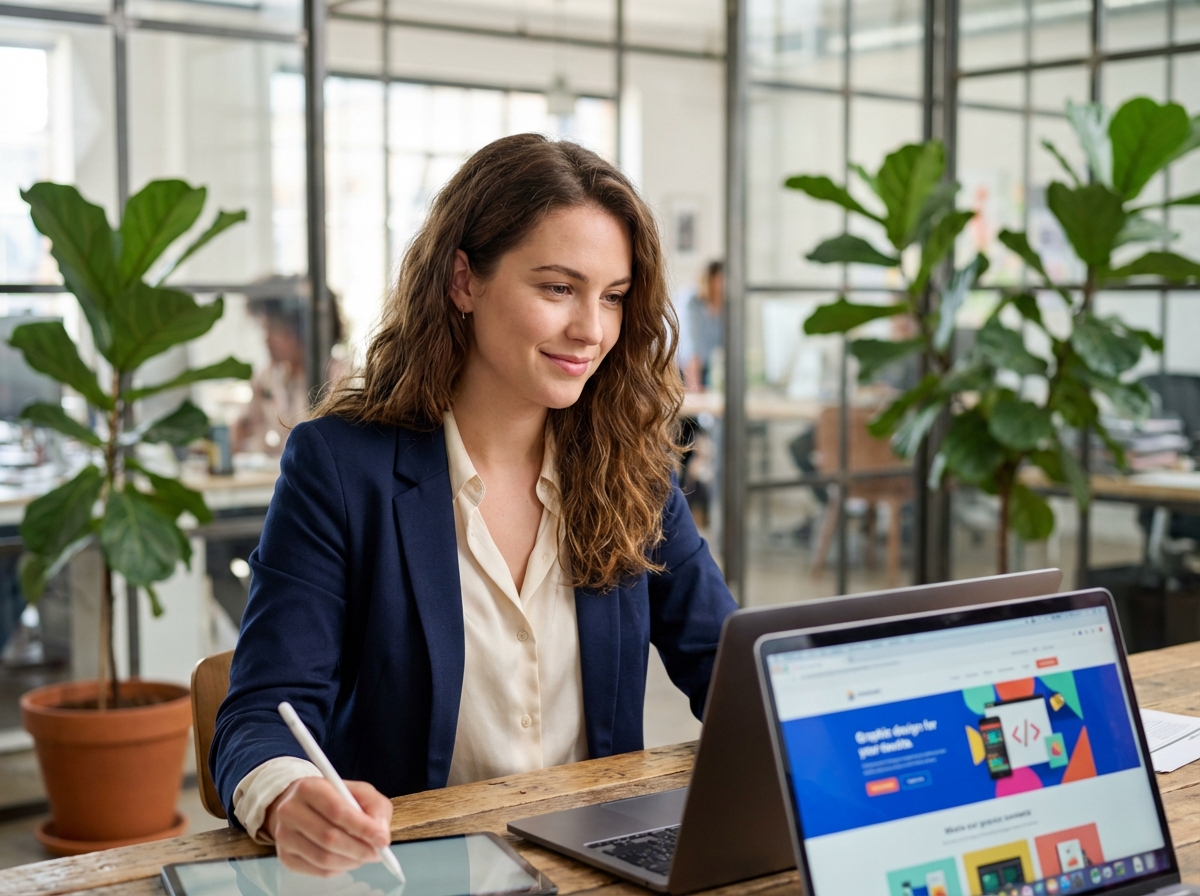 Jeune femme professionnelle en blazer travaillant sur un design de site