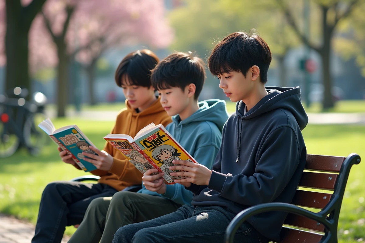 Trois adolescents lisant manga dans un parc en plein air
