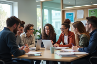 Jeunes étudiants en discussion dans une salle lumineuse