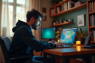 Joueur de Dofus consultant le site Dofus Portal sur un ordinateur portable pour localiser un portail de dimension