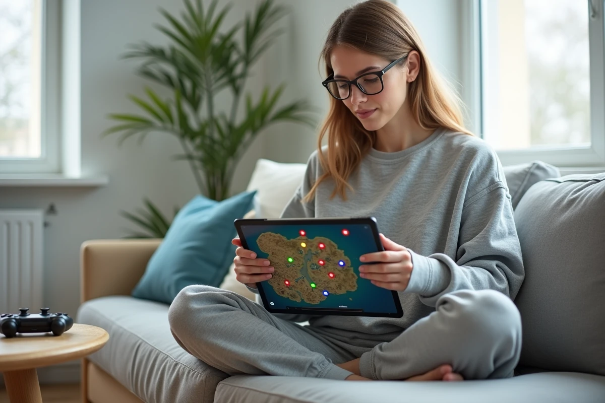 Joueuse utilisant une tablette pour rechercher des portails Dofus avec l'outil Dofus Portal depuis son salon