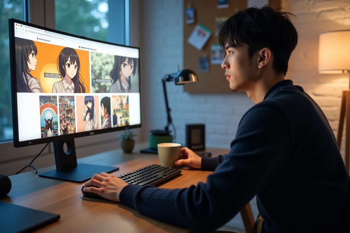 Jeune homme parcourant un site de scan manhwa sur ordinateur dans un bureau minimaliste moderne
