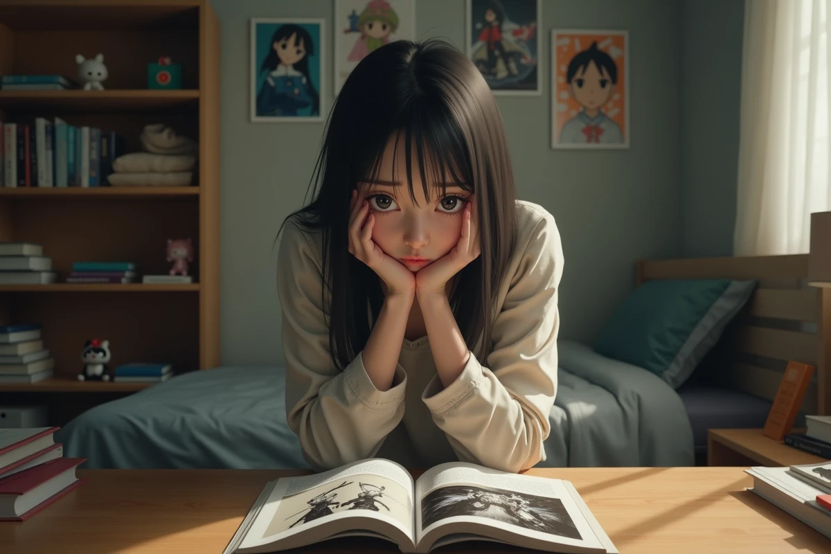 Jeune femme émue lisant le manga Demon Slayer à la mort du personnage Akaza dans sa chambre