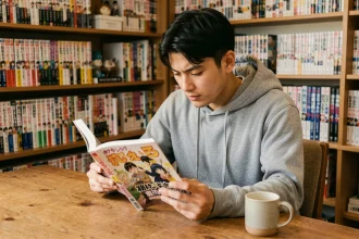 Jeune homme lisant un volume manga à son bureau entouré d'une collection de mangas bien organisée