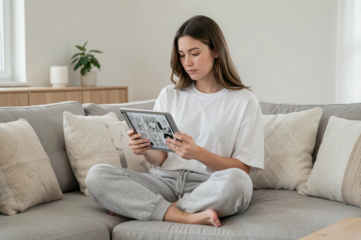 Jeune femme lisant un manga en version numérique sur tablette dans un salon moderne et épuré